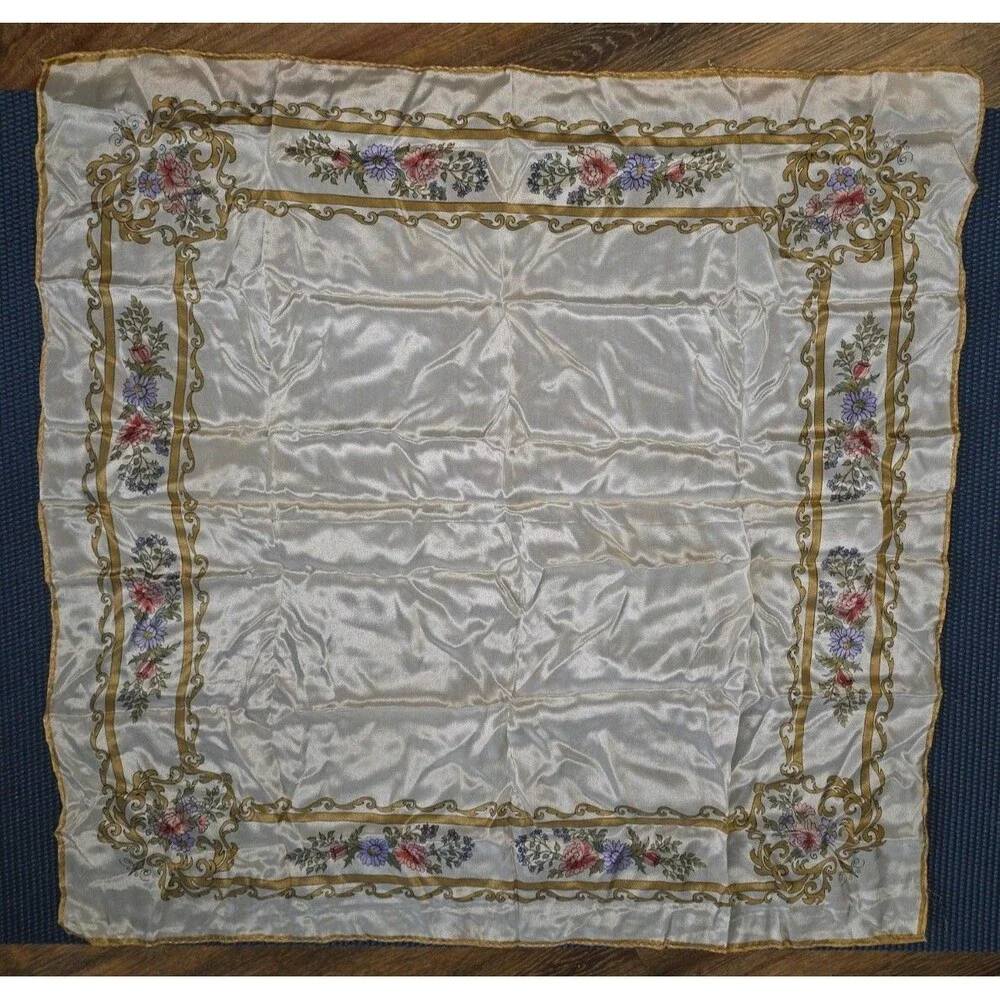 Vintage Silk Scarf White/Gold Multicolor Floral Border Pattern Table Linen